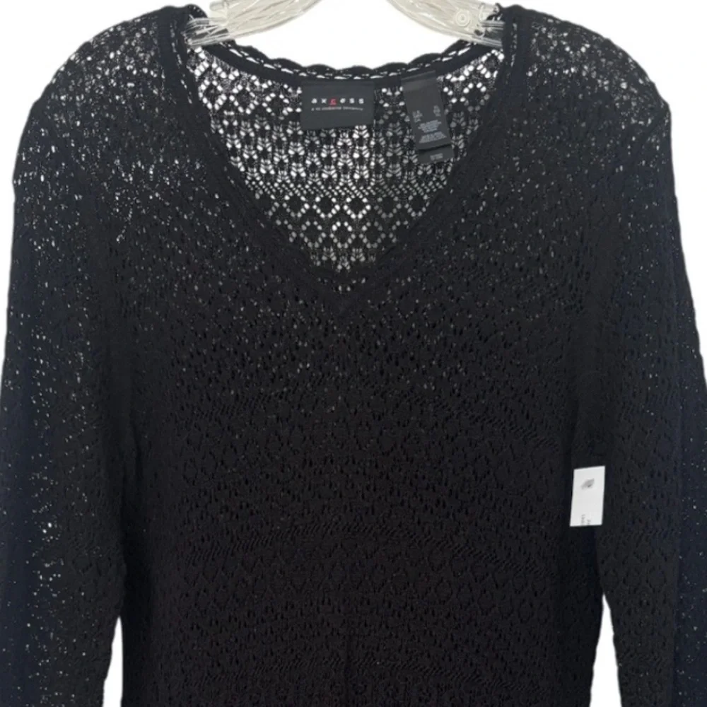 Vintage Y2K Sweater Open Knit Floral Ruffle Black Lace Fairycore 2000s Size XL